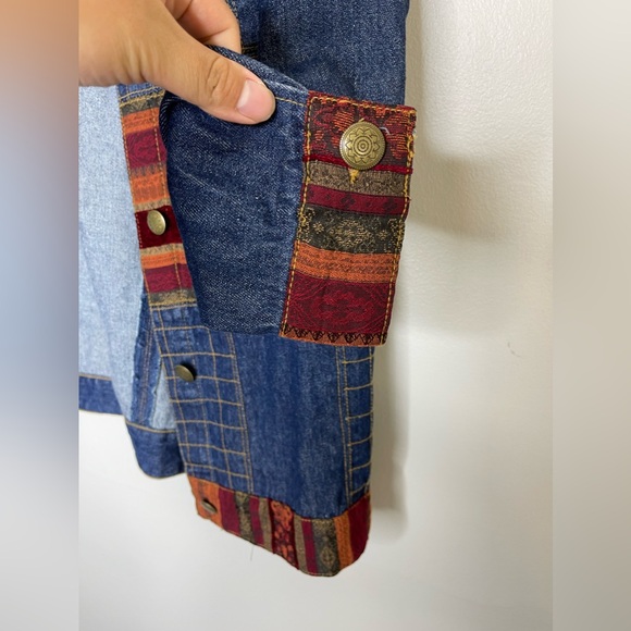 Vintage 90s Tibetan Woven Patchwork Panels Denim Long Line Hippie Jacket Sz S - Picture 4 of 8